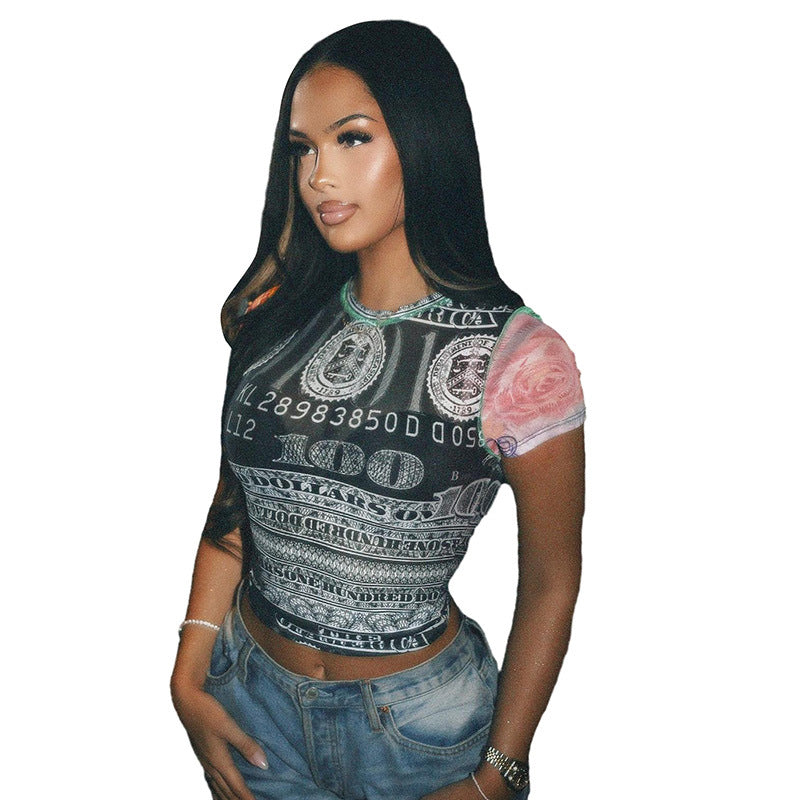 Damen Crop-Top mit kunstvollem Geldmotiv und farbenfrohem Ärmeldesign R&B