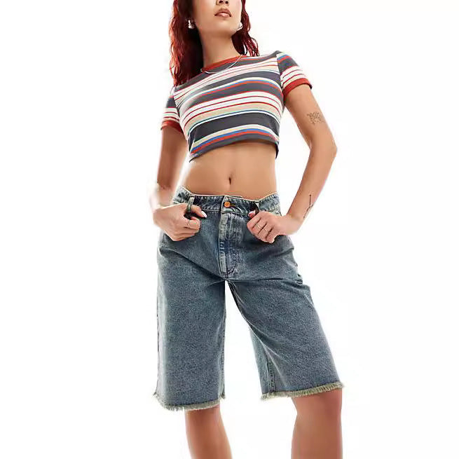 Damen Denim-Bermudashorts mit lässigem Schnitt und fransigen Säumen R&B