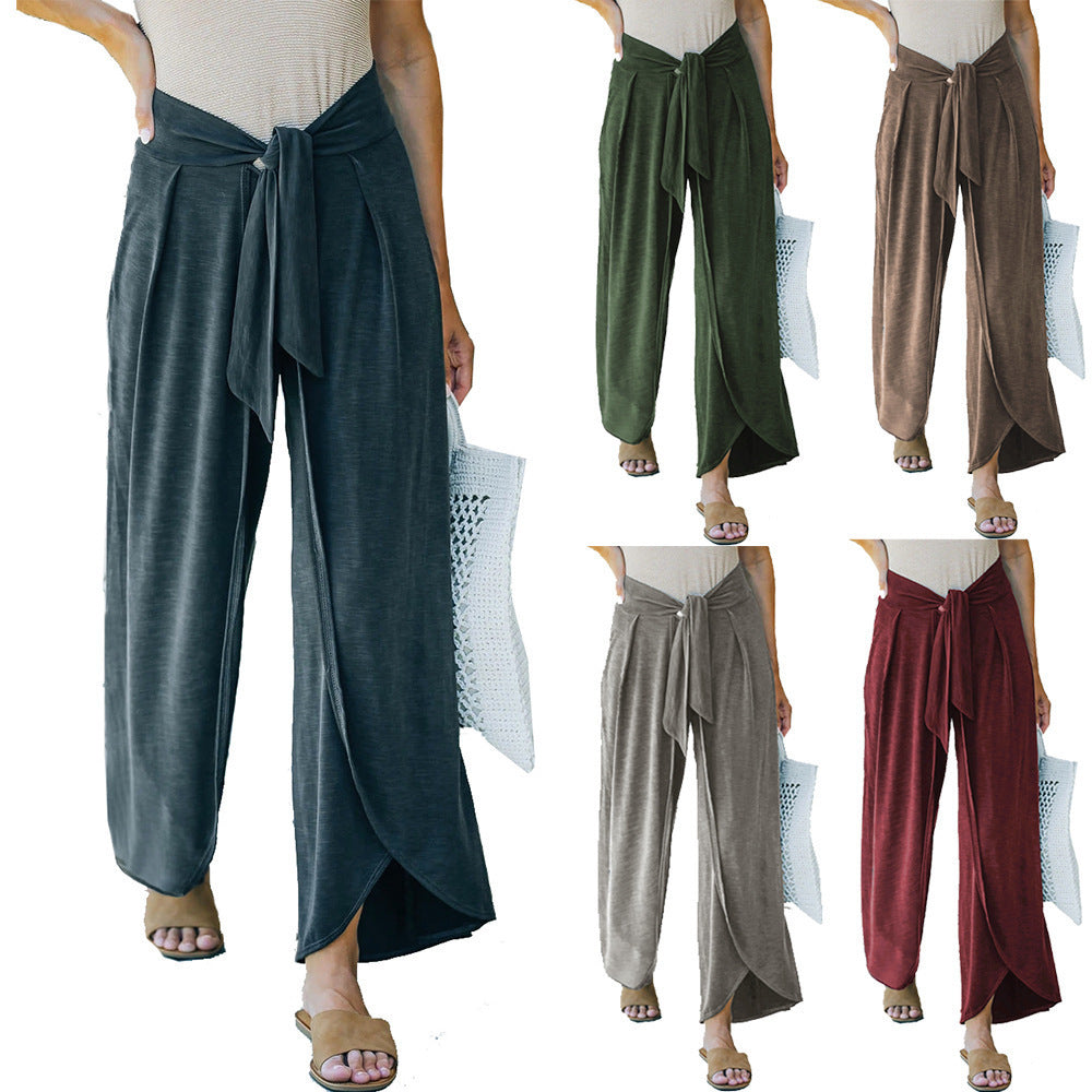 Damen elegante Palazzo-Hose mit stylichem Bindegürtel und hohem Bund R&B