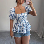 Damen Raffiniertes Oberteil mit Puffärmeln und floralem Design R&B
