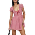 Damen verspieltes karierte Mini-Kleid mit Rüschendetails und taillierter Passform R&B