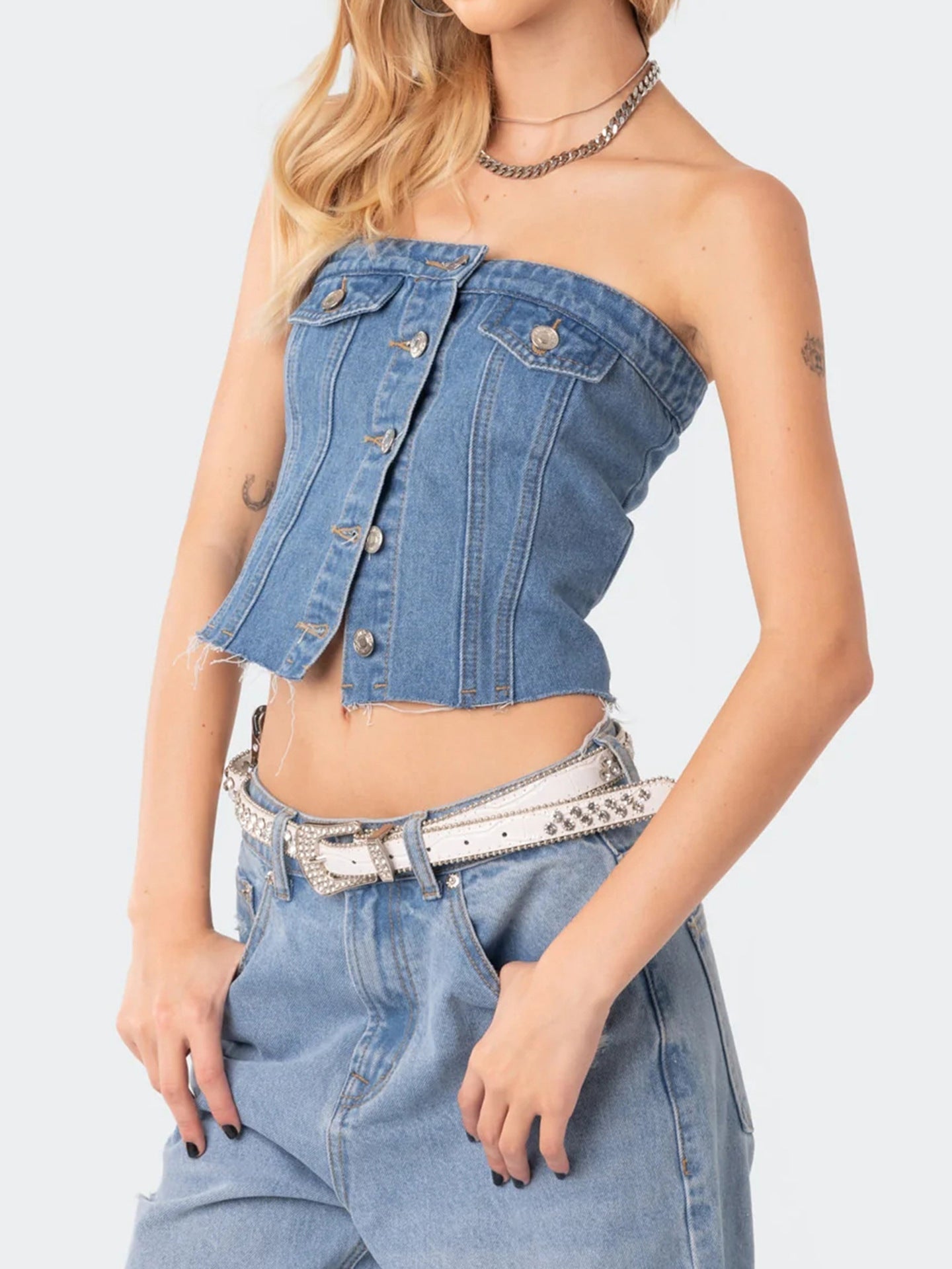 Damen Jeans-Top mit ärmellosem Design und Knopfleiste R&B