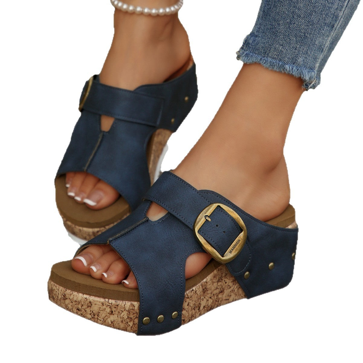 Damen Plattform Sandalen mit dekorativem Riemchen und komfortabler Korksohle EB