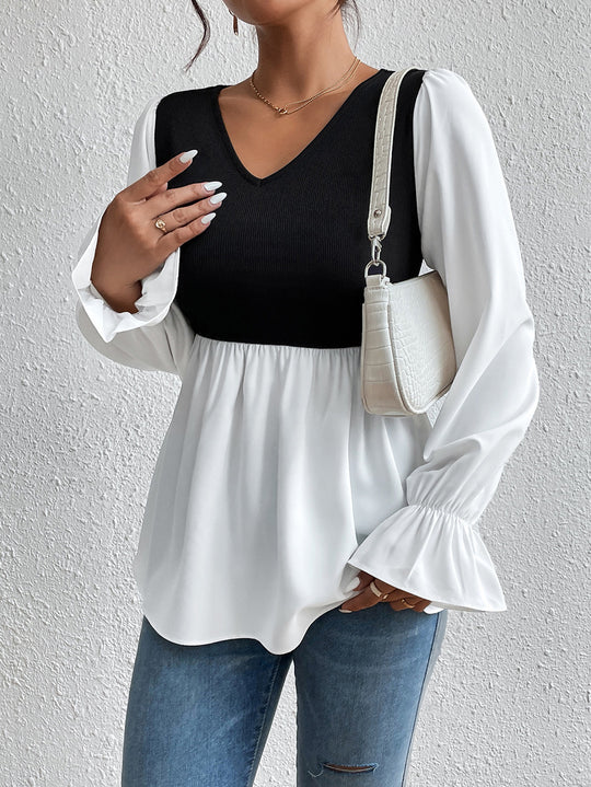Damen elegantes Oberteil mit asymmetrischem V-Ausschnitt und Puffärmeln R&B