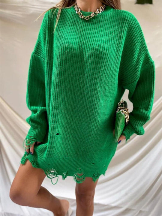 Damen lässiger Langpullover mit strukturiertem Rippdesign und offenen Säumen R&B