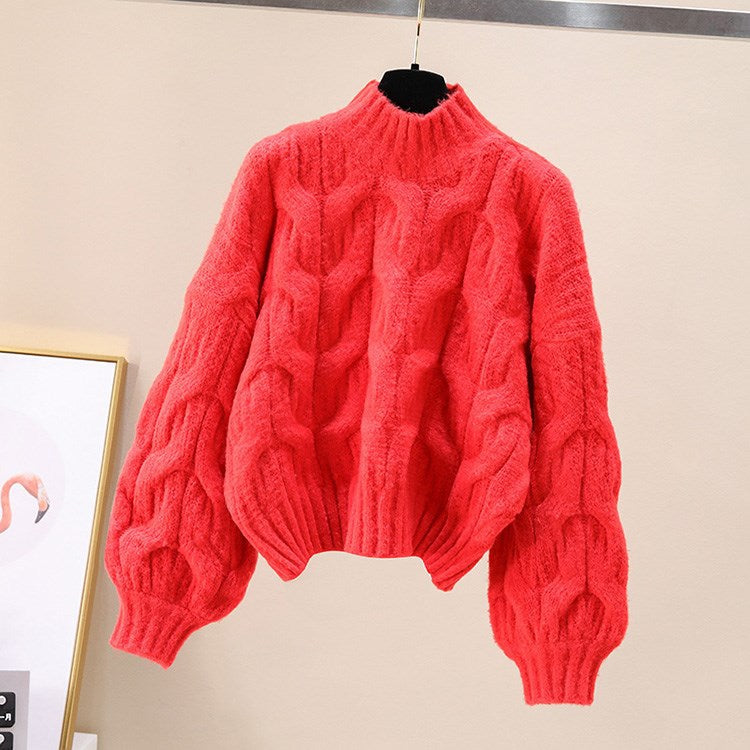Damen kuscheliger Strickpullover mit voluminösen Ärmeln und Zopfmuster R&B