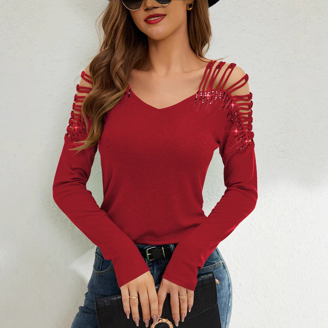 Damen Langarmshirt mit offenen Schultern und Strassverzierung R&B