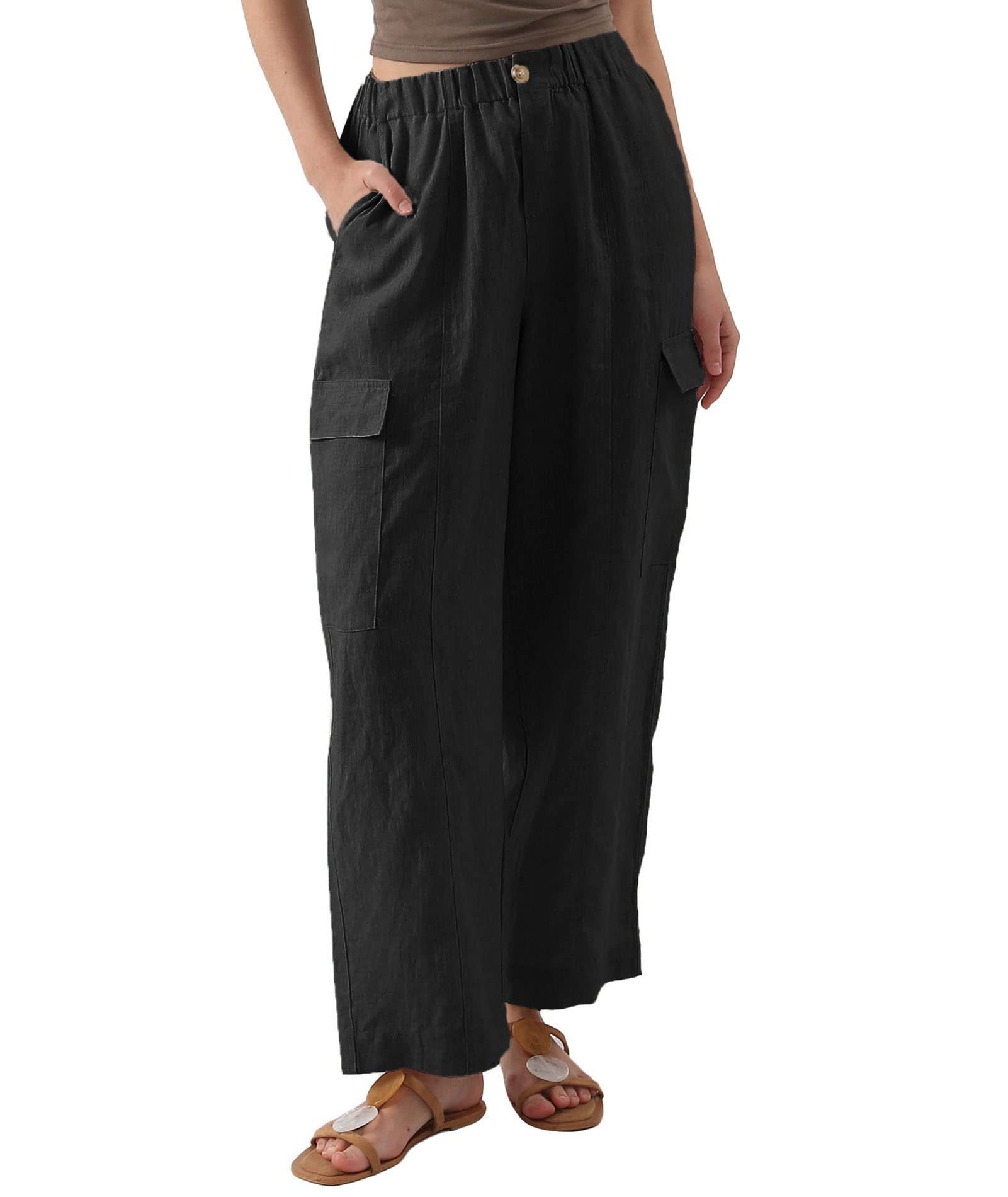 Damen lässige Leinen-Cargo-Hose mit hohen Taschen und elastischem Bund R&B