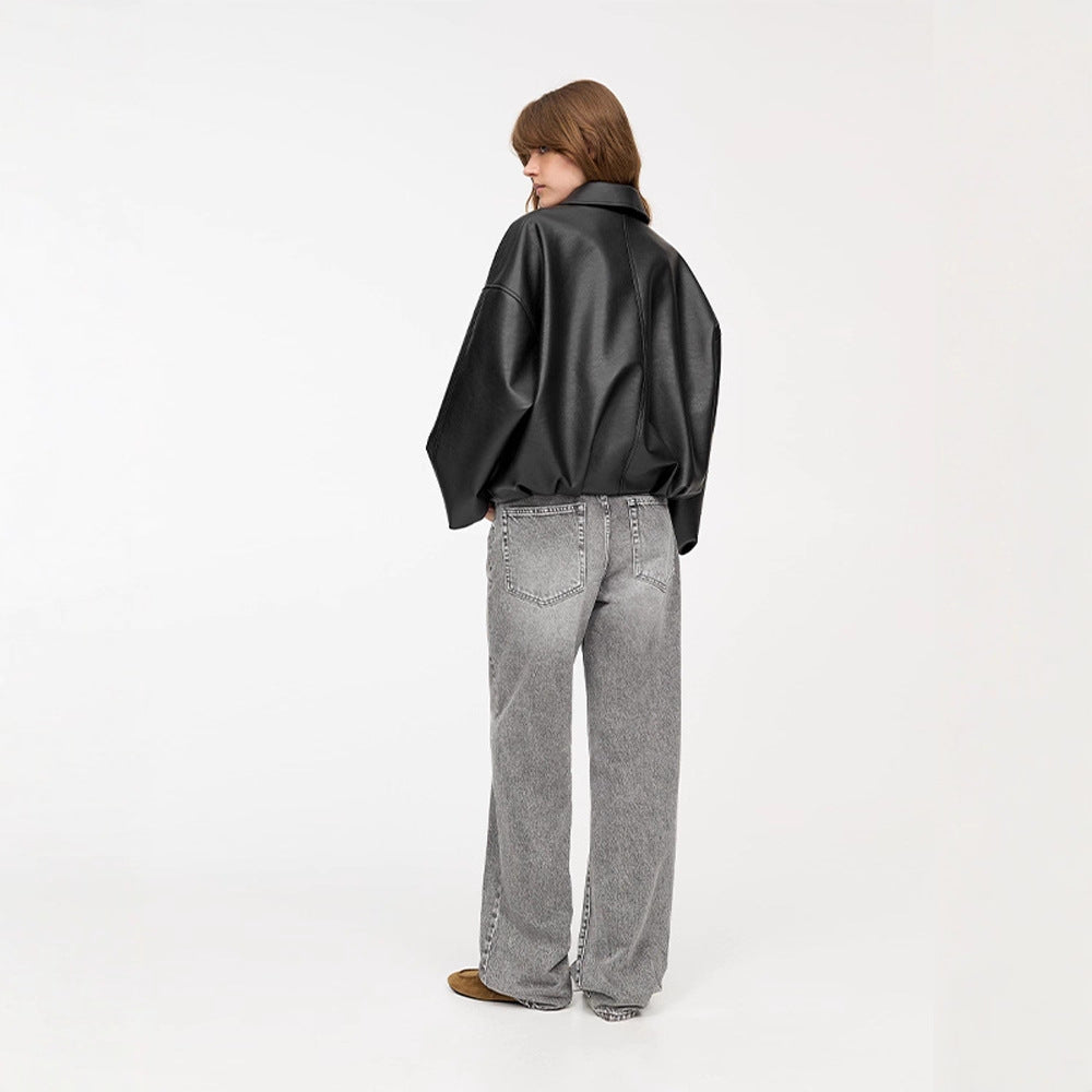 Damen Modische Kunstlederjacke mit weitem Schnitt und Taillengürtel R&B