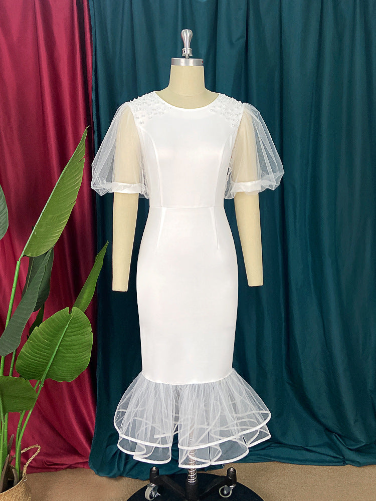 Damen elegantes figurbetontes Kleid mit Tüllärmeln und Rüschenabschluss R&B