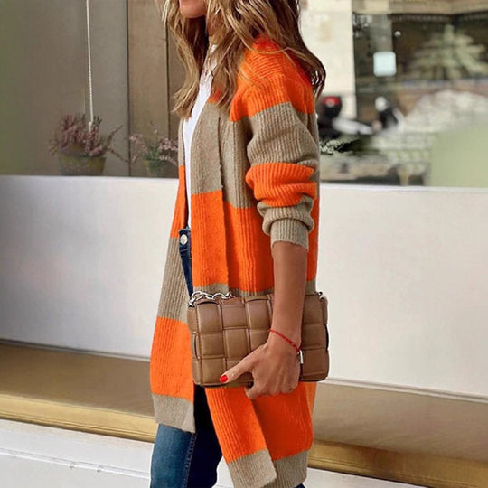 Damen langärmeliger Strickcardigan mit modischem Blockstreifen R&B