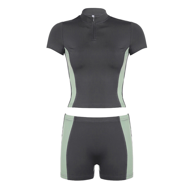 Damen Sportliches Kurzarm-Set mit Reißverschluss und modischem Design R&B