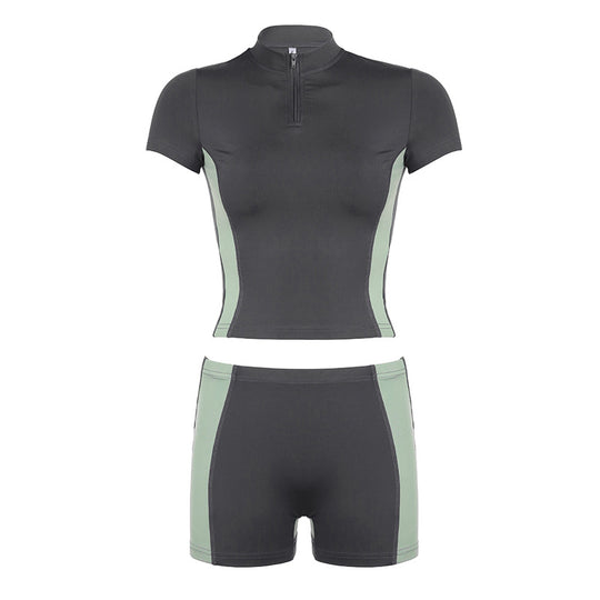 Damen Sportliches Kurzarm-Set mit Reißverschluss und modischem Design R&B