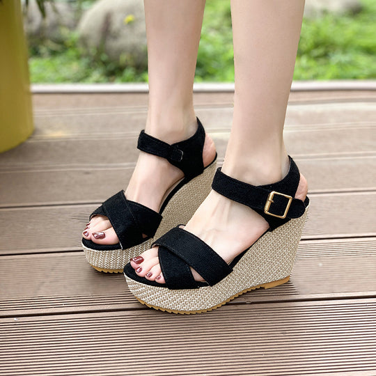 Damen nan Espadrille-Keilabsatz-Sandalette mit gekreuzten Veloursriemen und verstellbarer Schnallenlasche R&B