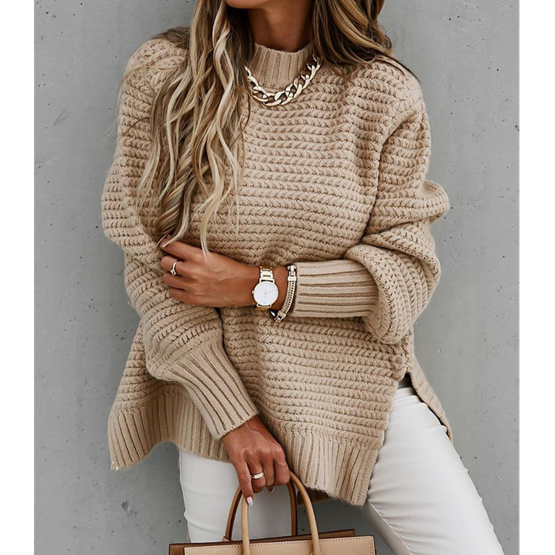 Damen Grobstrickpullover mit modernem Strukturdesign und hohen Kragen R&B