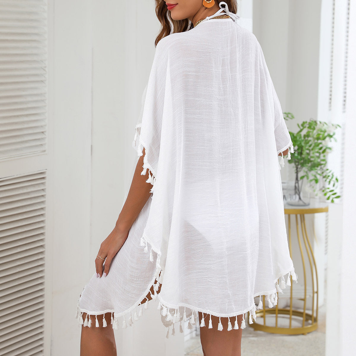 Damen Strandtunika mit fransigem Saum und ausgeschnittenem Design R&B