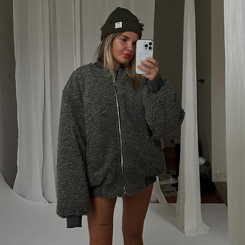 Damen gemütliche Teddyjacke mit hohem Kragen R&B