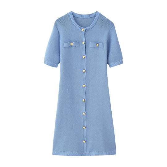 Damen Strickkleid mit kurzen Ärmeln und Knopfleiste R&B