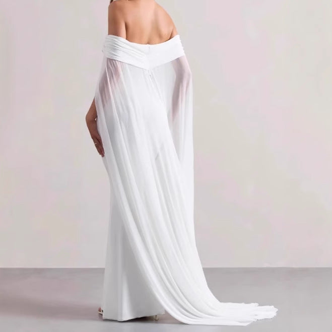 Damen Elegantes Off-Shoulder Abendkleid mit fließendem Transparenz-Cape und figurumspielendem Schnitt R&B