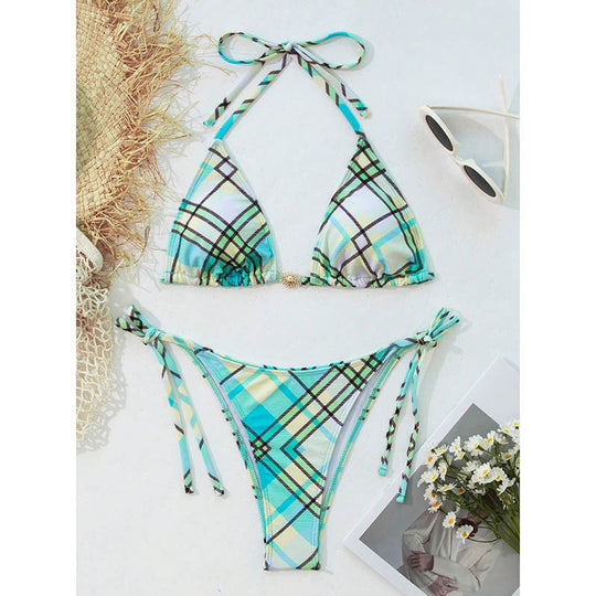 Damen Triangel-Bikini-Set mit verstellbaren Bindebändern und stilvollem Karomuster R&B