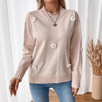 Damen Strickpullover mit floralem Design und Rippbündchen