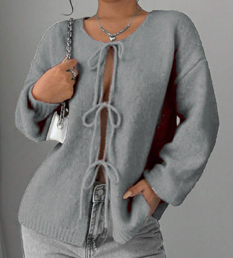 Damen Oversized Strickpullover mit dekorativem Schnürdetail R&B