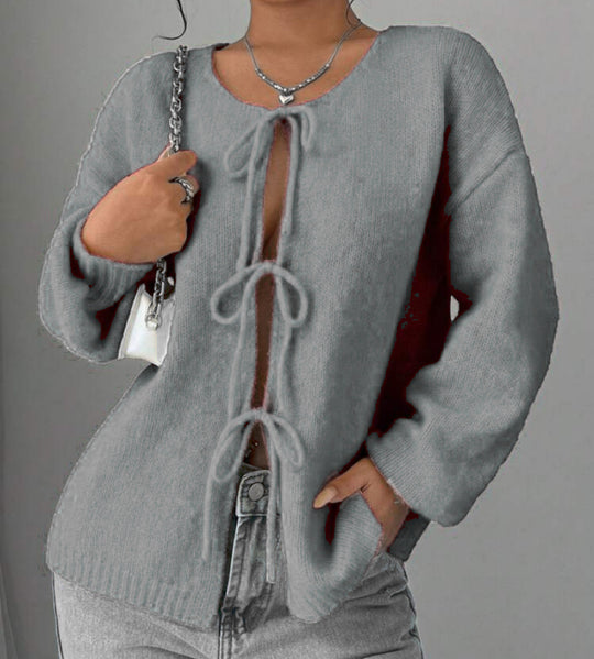 Damen Oversized Strickpullover mit dekorativem Schnürdetail R&B