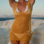 Damen luftiger Häkel-Strandüberwurf mit dekorativen Fransen und offenem Design R&B