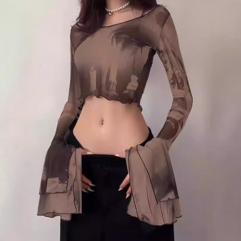 Damen Crop-Top mit transparenten Ärmeln und kunstvollem Druck R&B