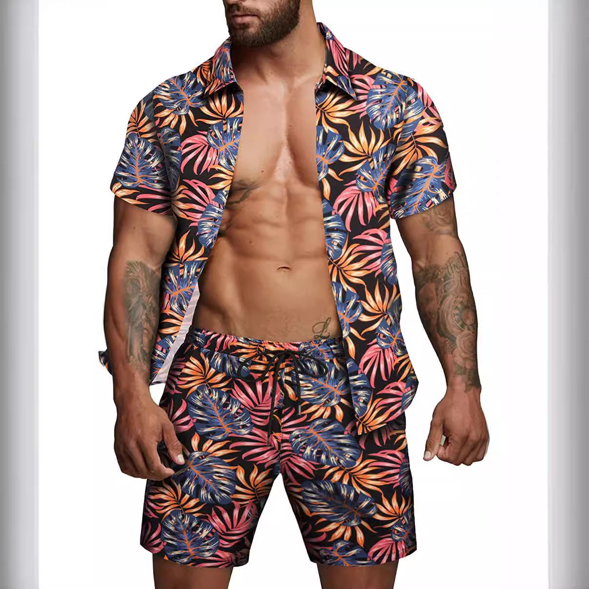 Herren kurzärmliges Hemd und Badeshorts Set R&B
