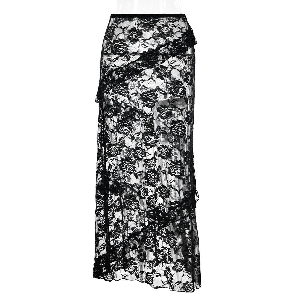 Damen Lange Spitzenrock mit asymmetrischem Rüschenverlauf und eleganter Blumenspitze R&B