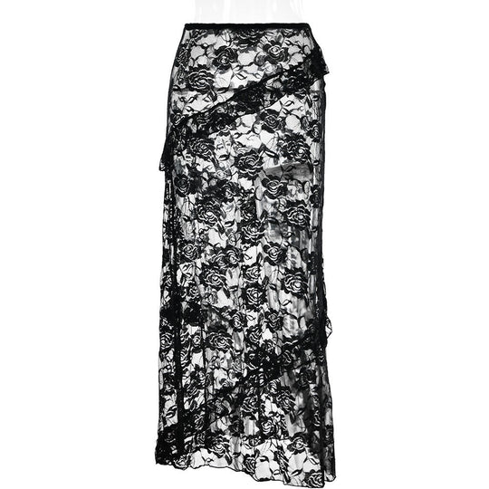 Damen Lange Spitzenrock mit asymmetrischem Rüschenverlauf und eleganter Blumenspitze R&B