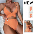 Damen Hochgeschnittener Bikini mit gekreuztem Oberteil und eleganter Rippstruktur R&B