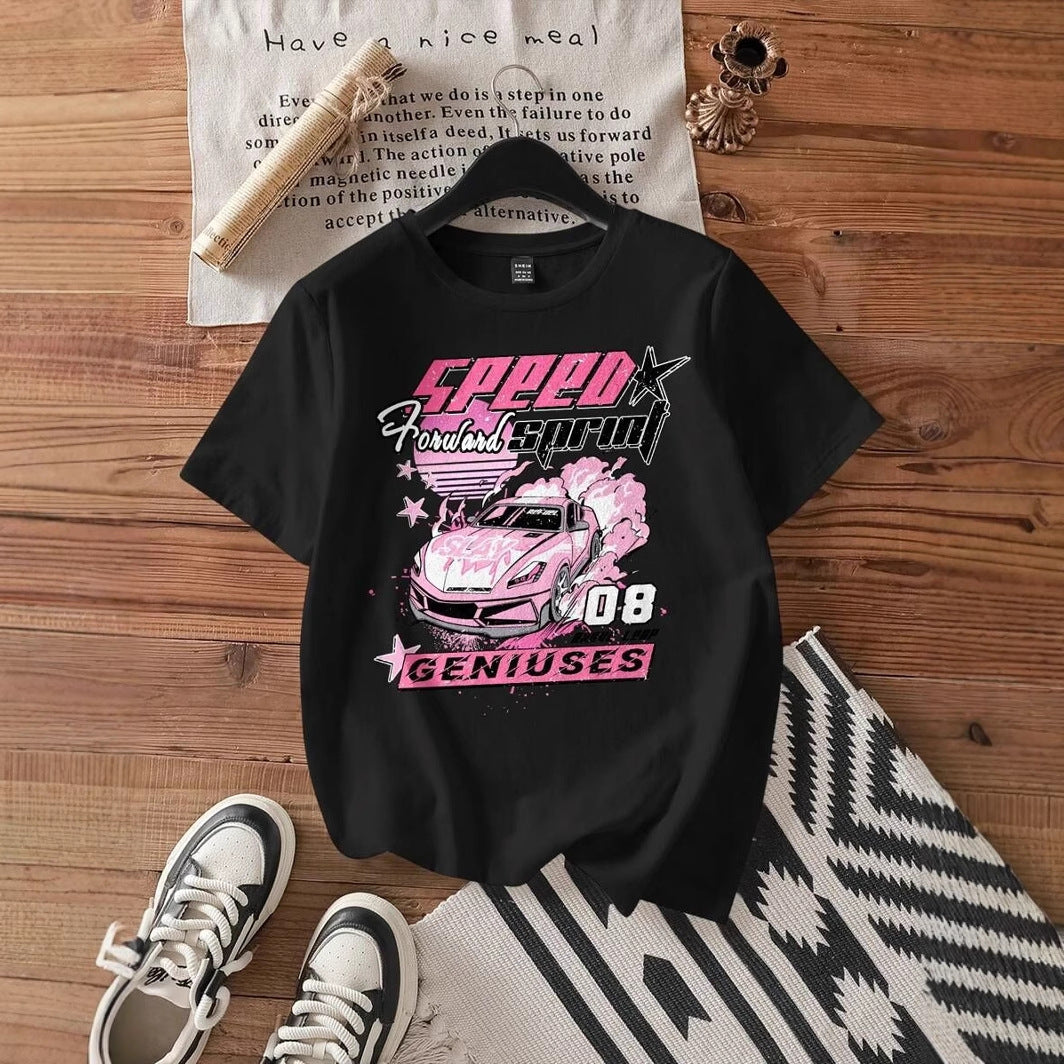 Damen T-Shirt mit kreativem Auto-Motiv und urbanem Schriftzug R&B