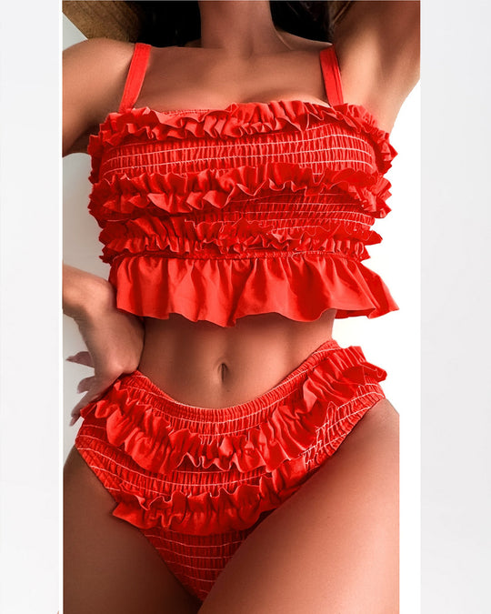 Damen High-Waisted Bikini-Unterteil mit Rüschendetails R&B