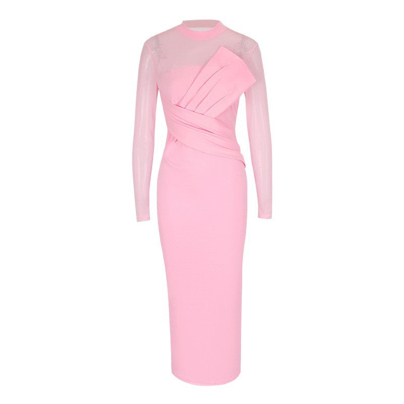 Damen Elegantes Langarm-Midi-Kleid mit raffinierter Drapierung und figurbetonter Silhouette R&B