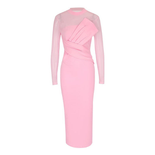 Damen Elegantes Langarm-Midi-Kleid mit raffinierter Drapierung und figurbetonter Silhouette R&B