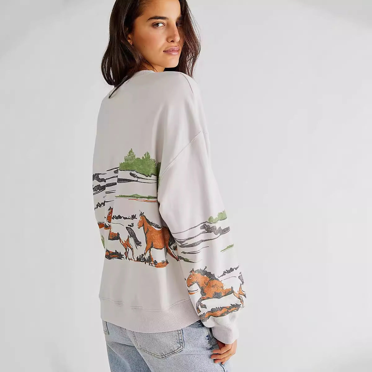 Damen Sweatshirt mit kreativer Pferdemotiv-Grafik und lässigem Schnitt R&B