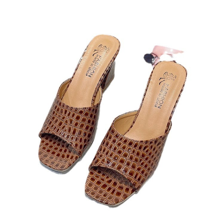 Damen Schicke Peeptoe-Pantoletten aus hochwertigem Leder mit Kroko-Optik R&B