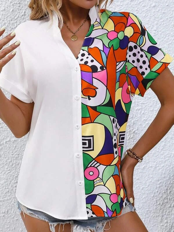 Damen Button-Up Bluse mit künstlerischem asymmetrischem Design