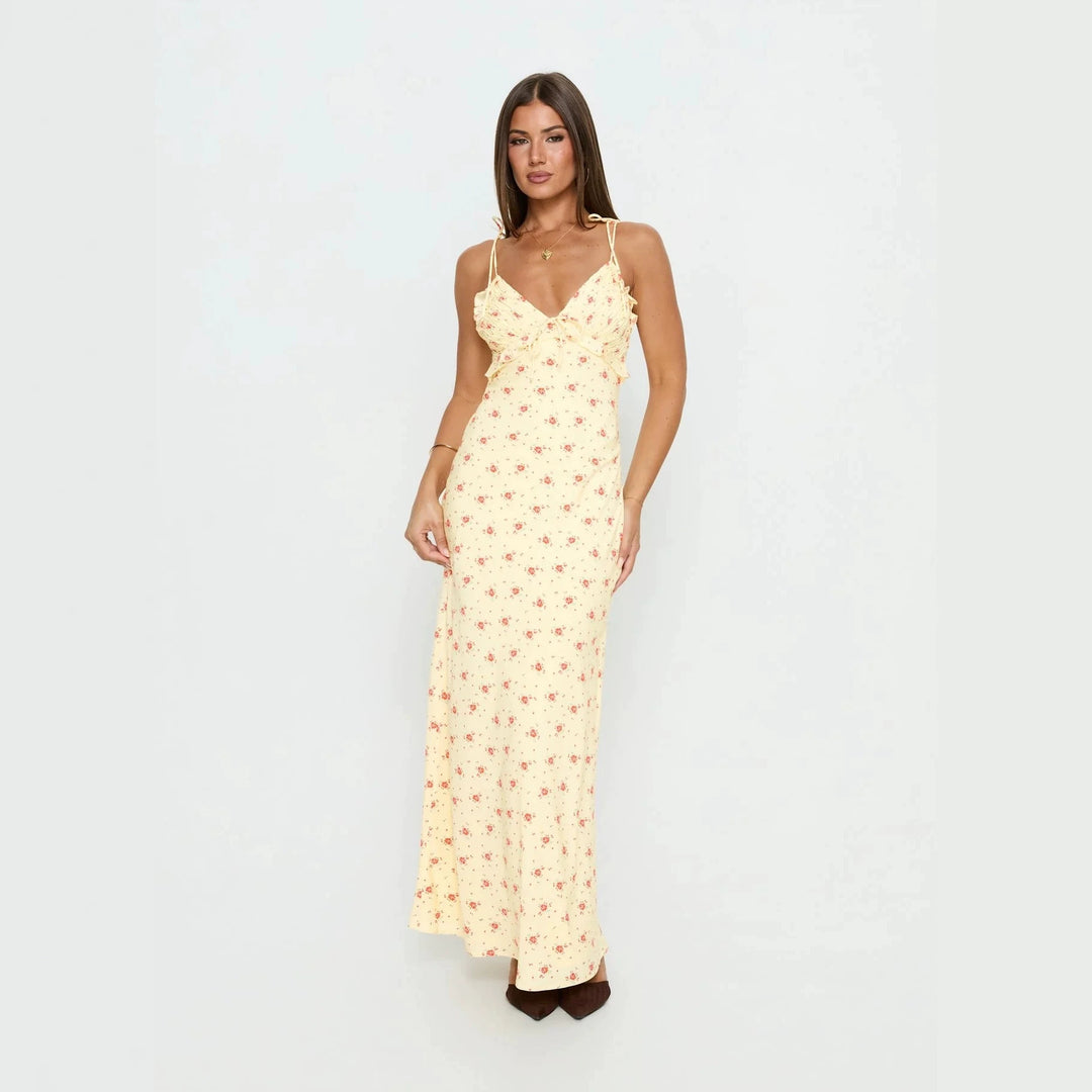 Damen Maxi-Kleid mit verspieltem Blumenmuster und verstellbaren Spaghetti-Trägern R&B