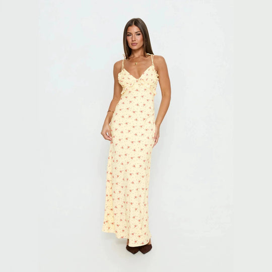 Damen Maxi-Kleid mit verspieltem Blumenmuster und verstellbaren Spaghetti-Trägern R&B