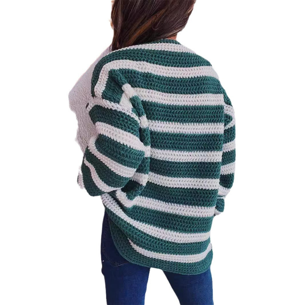 Damen lässiger Strickpullover mit blockierendem Streifenmuster und weitem Schnitt R&B
