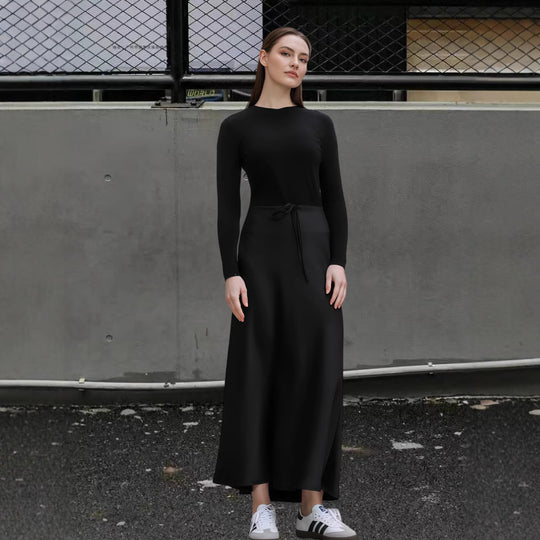 Damen Fließendes Maxikleid mit eleganten langen Ärmeln und taillierbarem Bund R&B