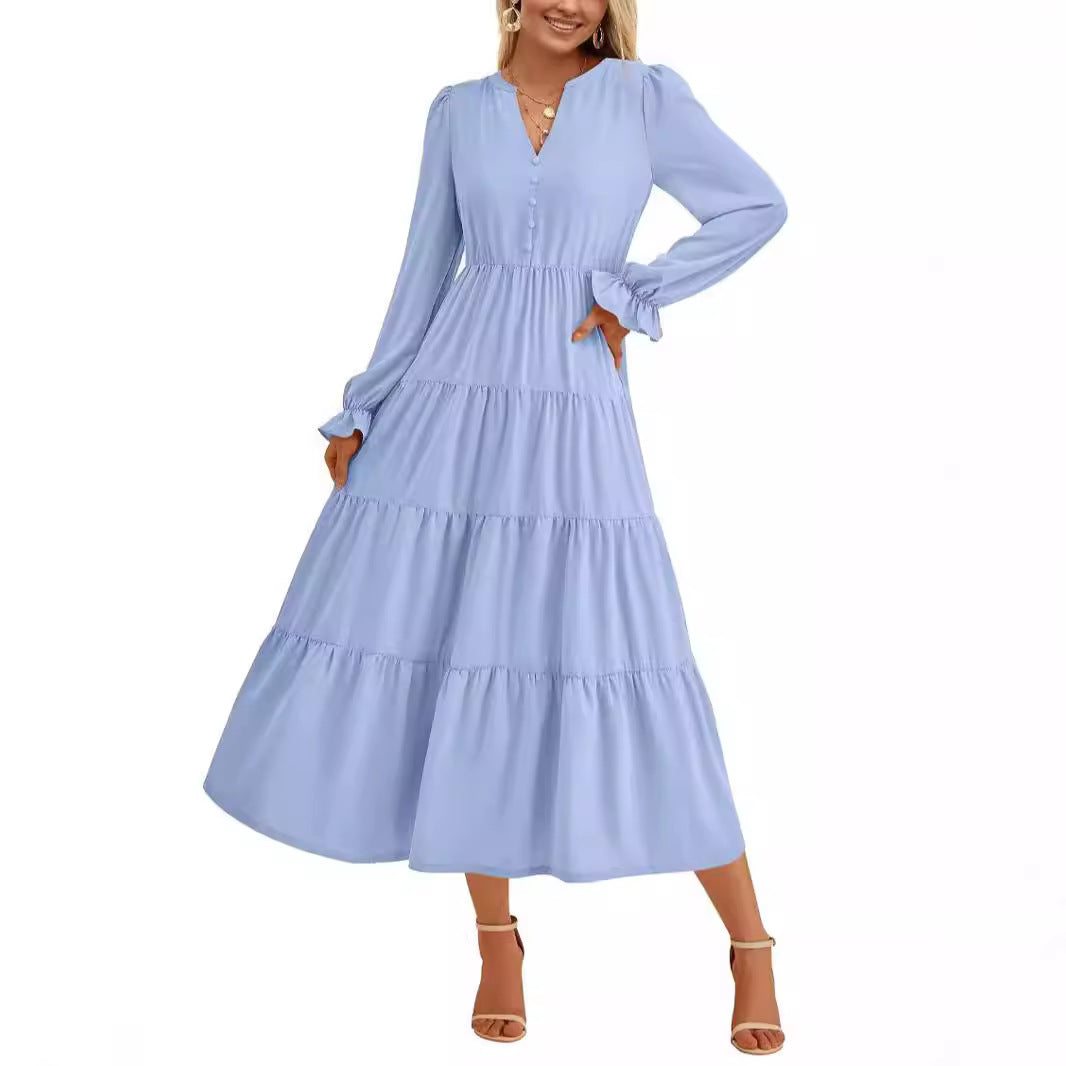 Damen Maxikleid mit romantischen Rüschendetails und elegantem V-Ausschnitt