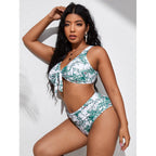 Damen Hochgeschnittener Bikini mit modischem Wickeloberteil und floralem Muster R&B