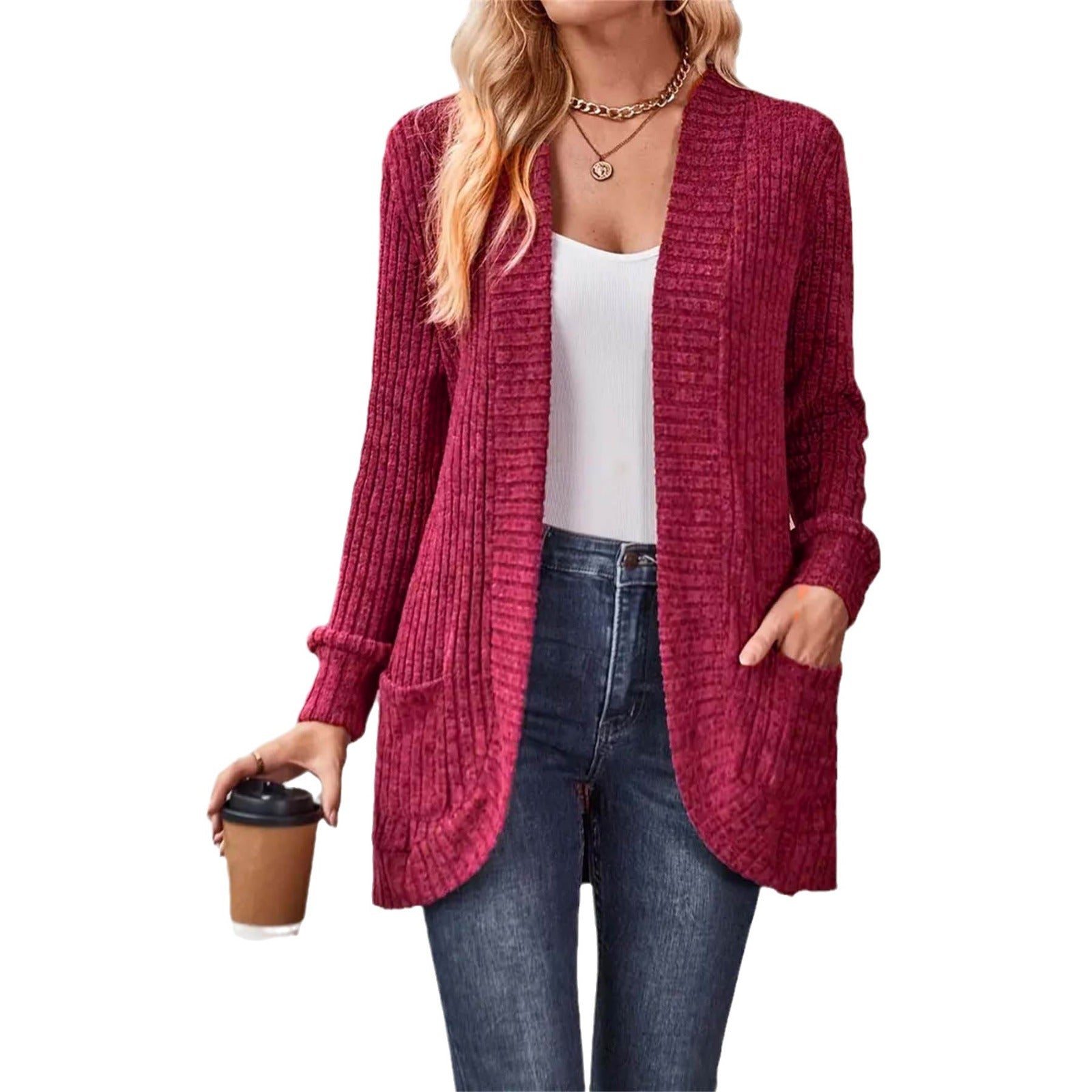 Damen offene Strickjacke mit strukturierter Oberfläche und praktischen Taschen R&B