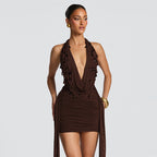 Damen Wickelkleid mit tiefem V-Ausschnitt und voluminösen Rüschendetails R&B