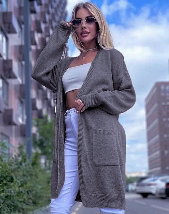 Damen gemütliche Strickjacke mit praktischen Taschen und offenem Schnitt R&B