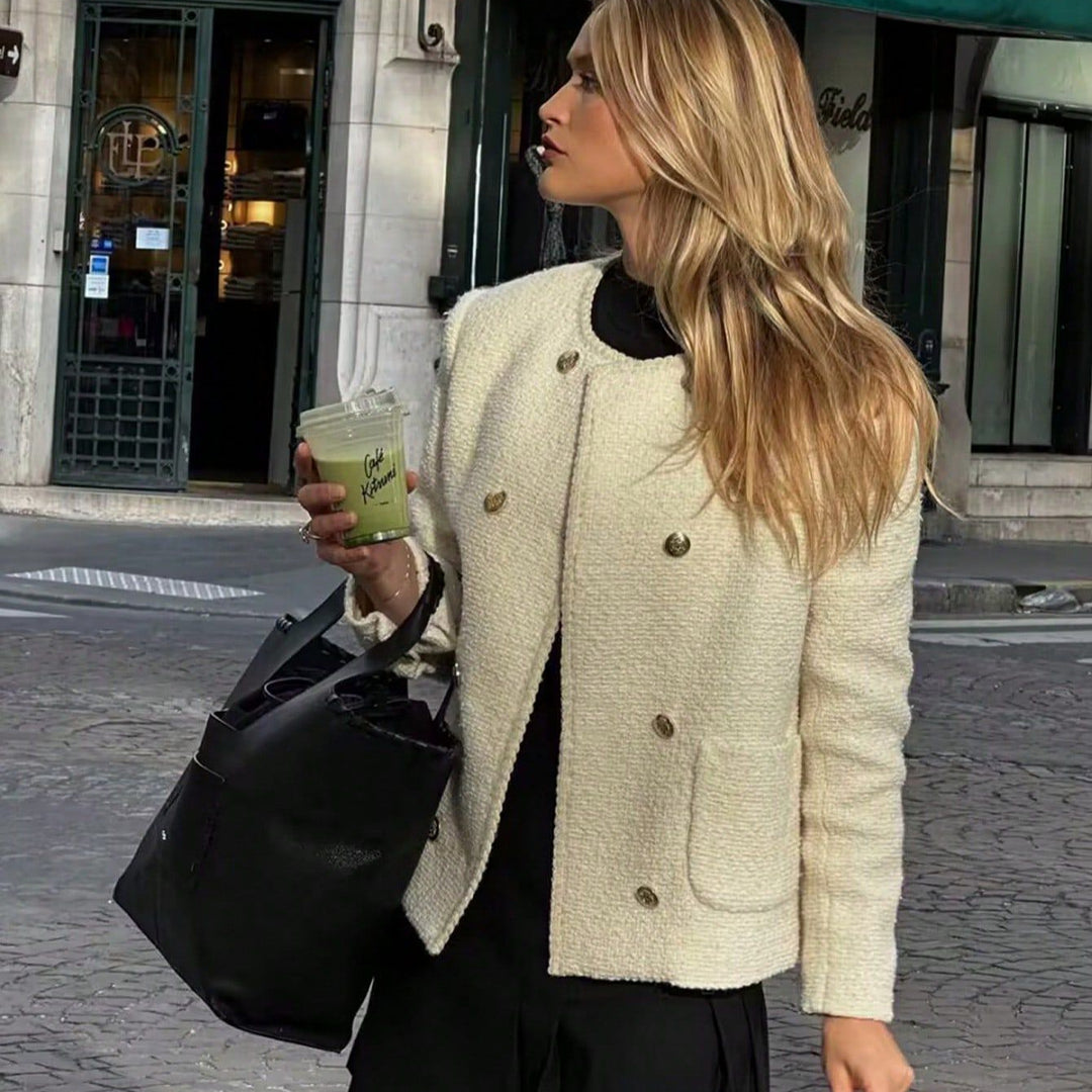 Damen elegante Bouclé-Jacke mit dekorativen Knöpfen und aufgesetzten Taschen R&B